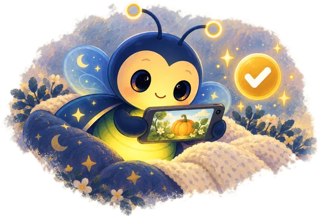The DreamBug curled up on a cushion reading the finished book on a phone, with a gold tick beside it