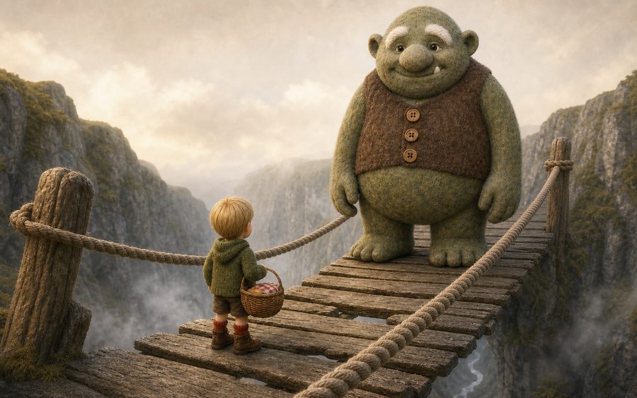 Cover of The Troll on the Bridge: a small boy with a bread basket faces a huge felt troll on a rope bridge.