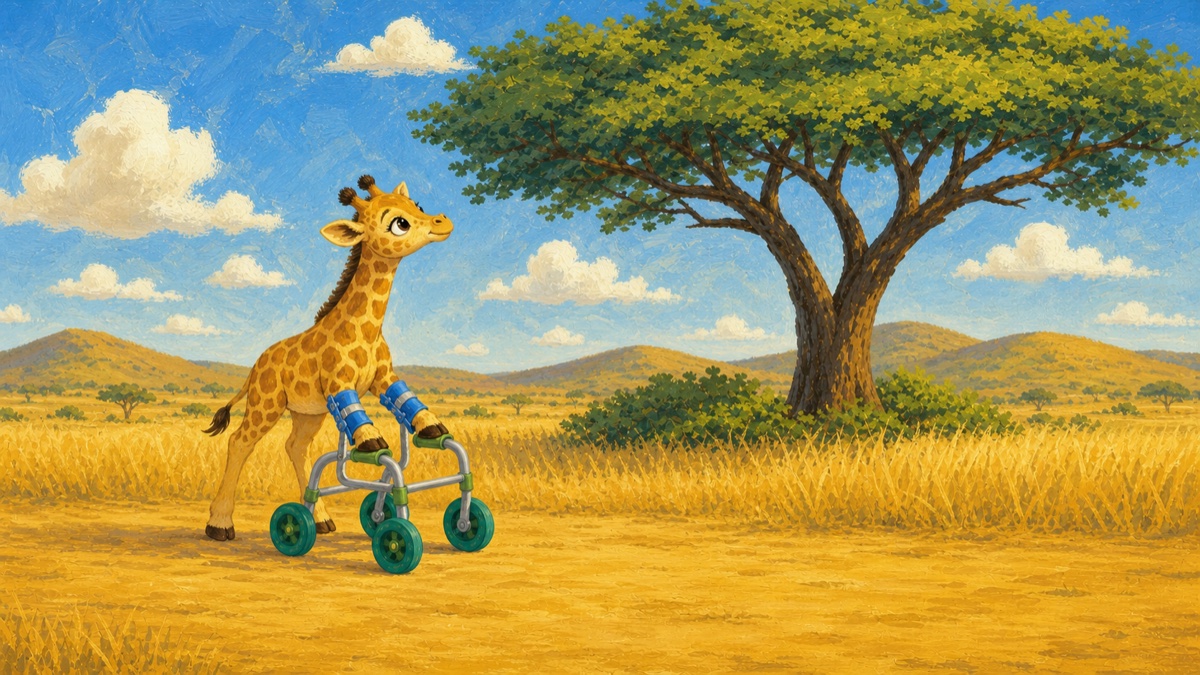 A young giraffe using leg braces and a walker