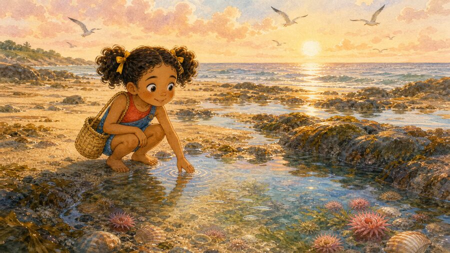 A child discovering a bright tidal world from Maren and the Whale Who Waited